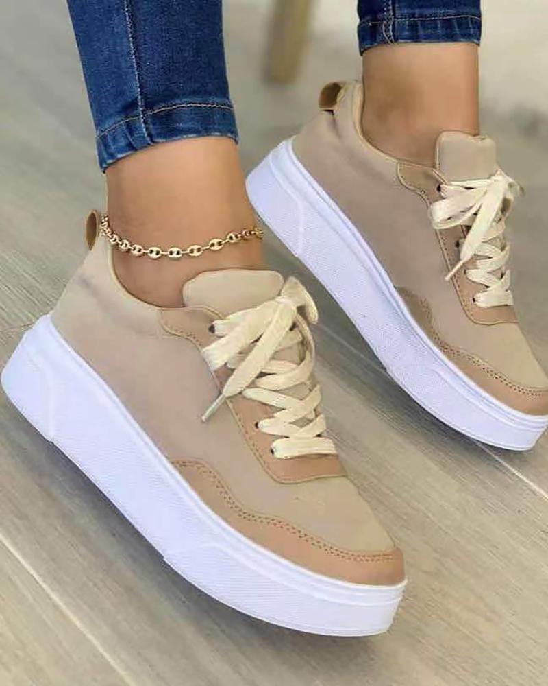 

Contrast Paneled Lace-up Muffin Sneakers, Apricot