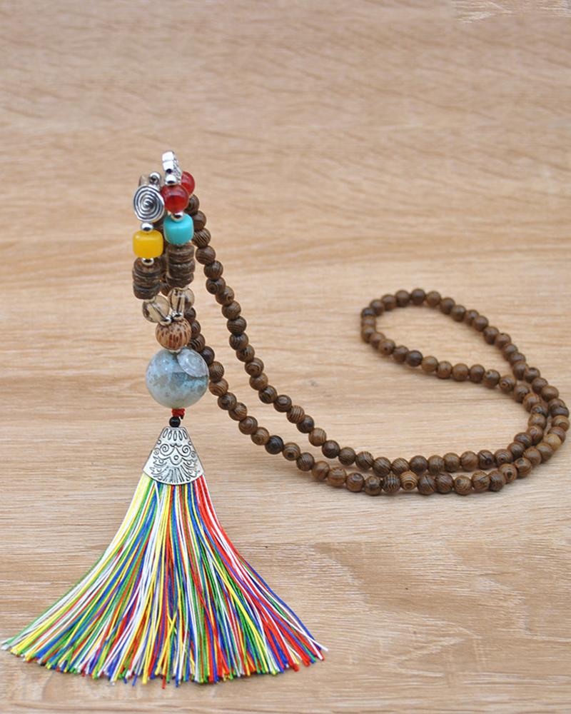 

1pc Bohemian Tribal Beaded Tassel Design Pendant Necklace, Style7
