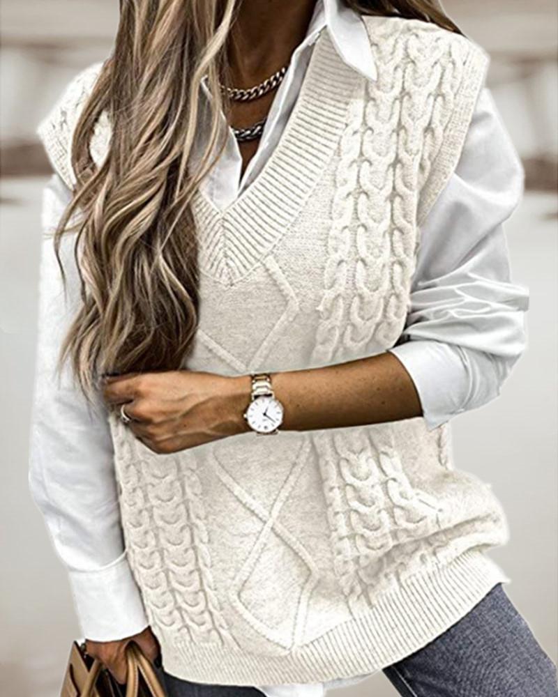 

Braided Knit V-neck Vest Sweater, Beige
