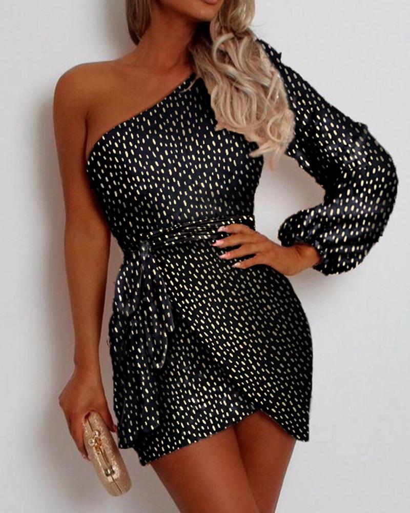 

Skew Neck Hot Stamping Party Dress, Black