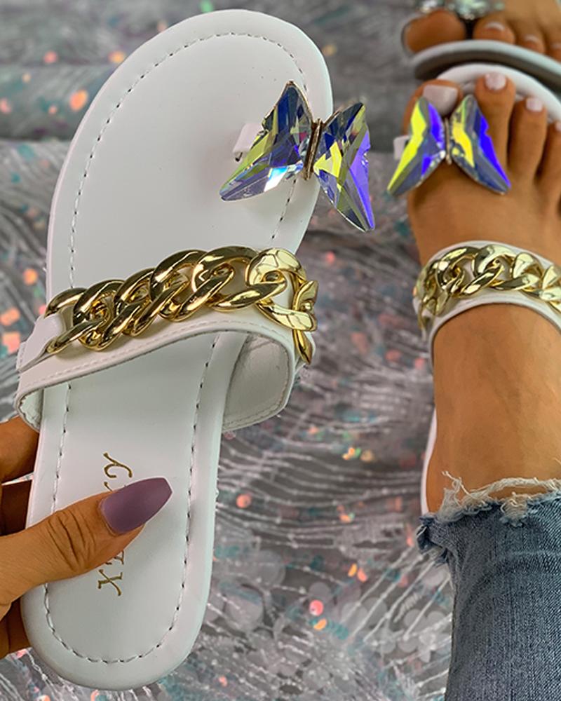 

Chain Decor Butterfly Pattern Toe Post Sandals, White