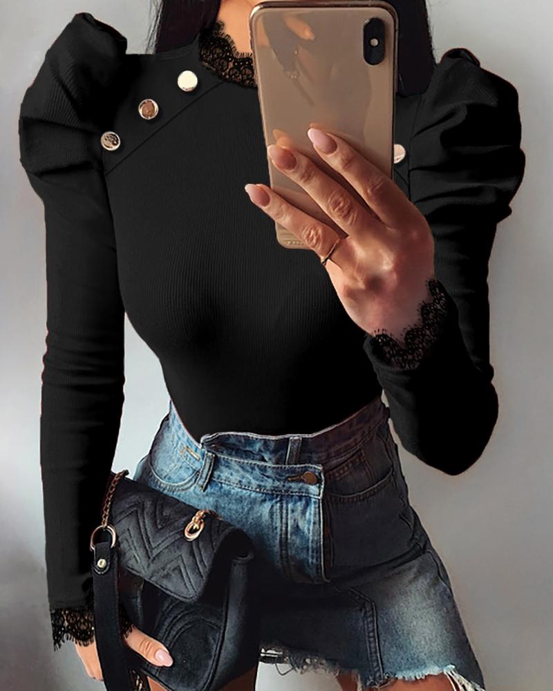 

Puffed Sleeve Solid Ribbed Blouse, Black
