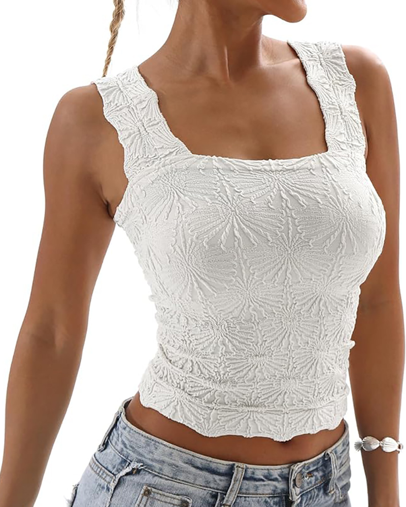 

Débardeurs courts à col carré et bretelles larges avec hauts sans manches à fleurs en jacquard, White