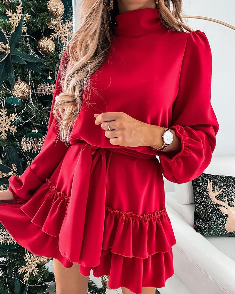 

Plain Lantern Sleeve Ruffle Hem Belted Casual Dress High Neck Long Sleeve Daily Casual Dress, Red