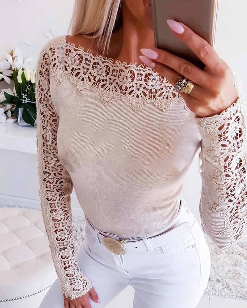 

Eyelash Lace Trim Long Sleeve Casual Sweater, Pink