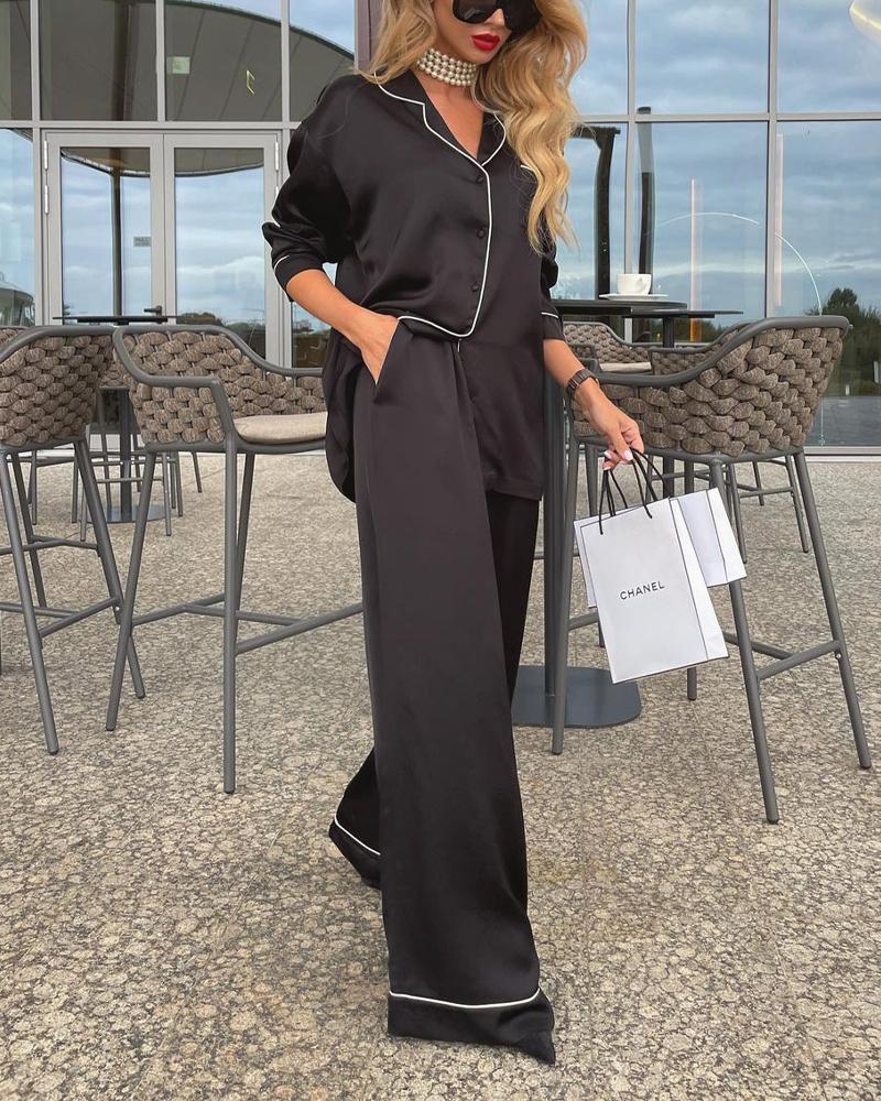 

Contrast Binding Long Sleeve Buttoned Pajama Set, Black