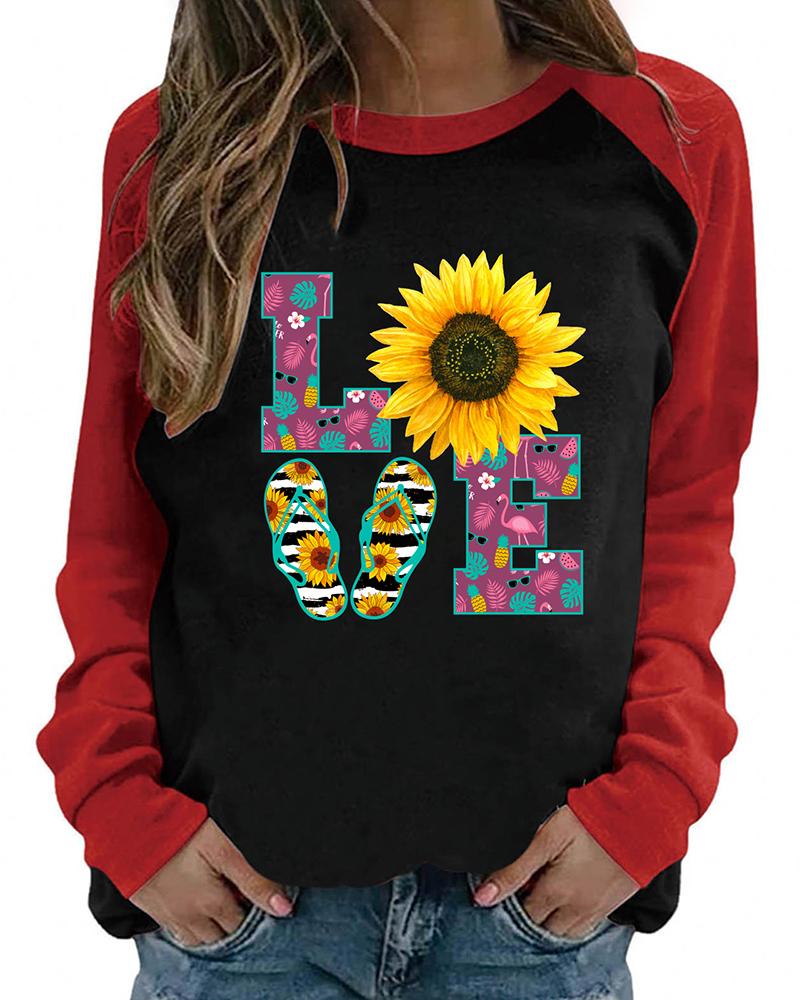 

Valentine' Day O-Neck Letter Heart Print Colorblock Top, Style1