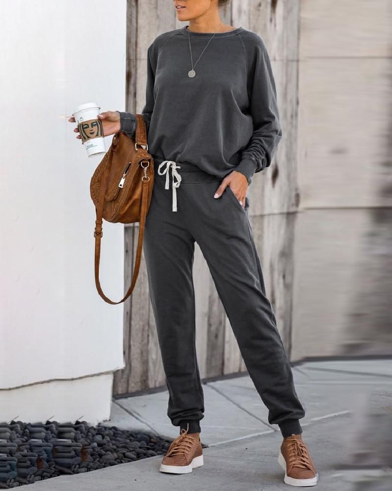 

Solid Women Top & Drawstring Design Pant Sets, Gray