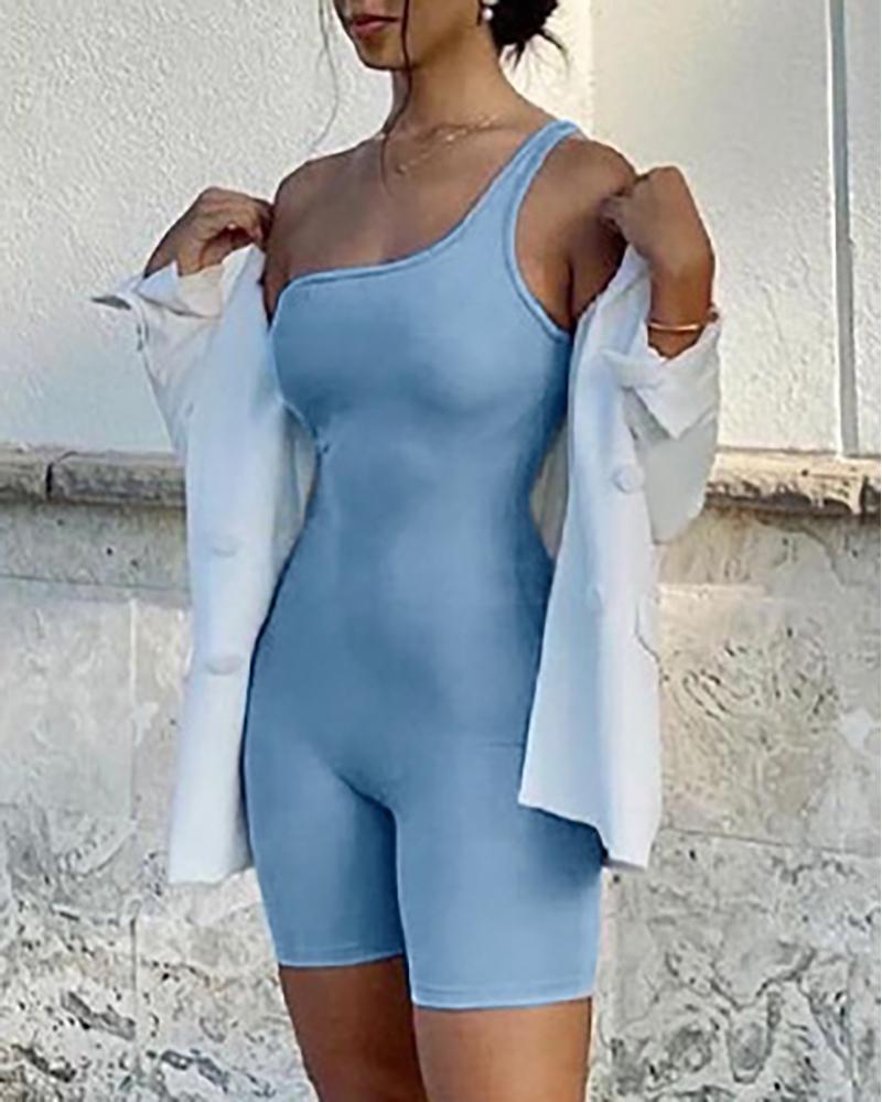 

One Shoulder Skinny Sporty Romper, Blue