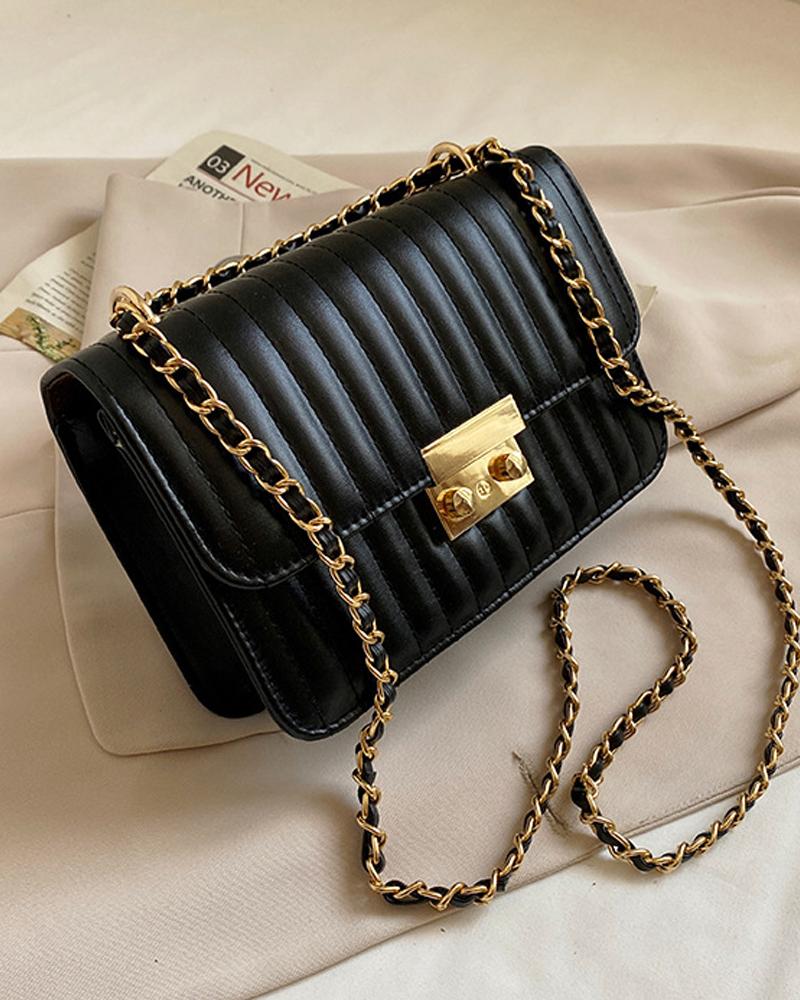 

Quilted Lock Chain Strap Flap Shoulder Bag, Black