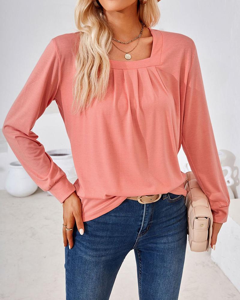 

Square Neck Long Sleeve Ruched Top, Pink