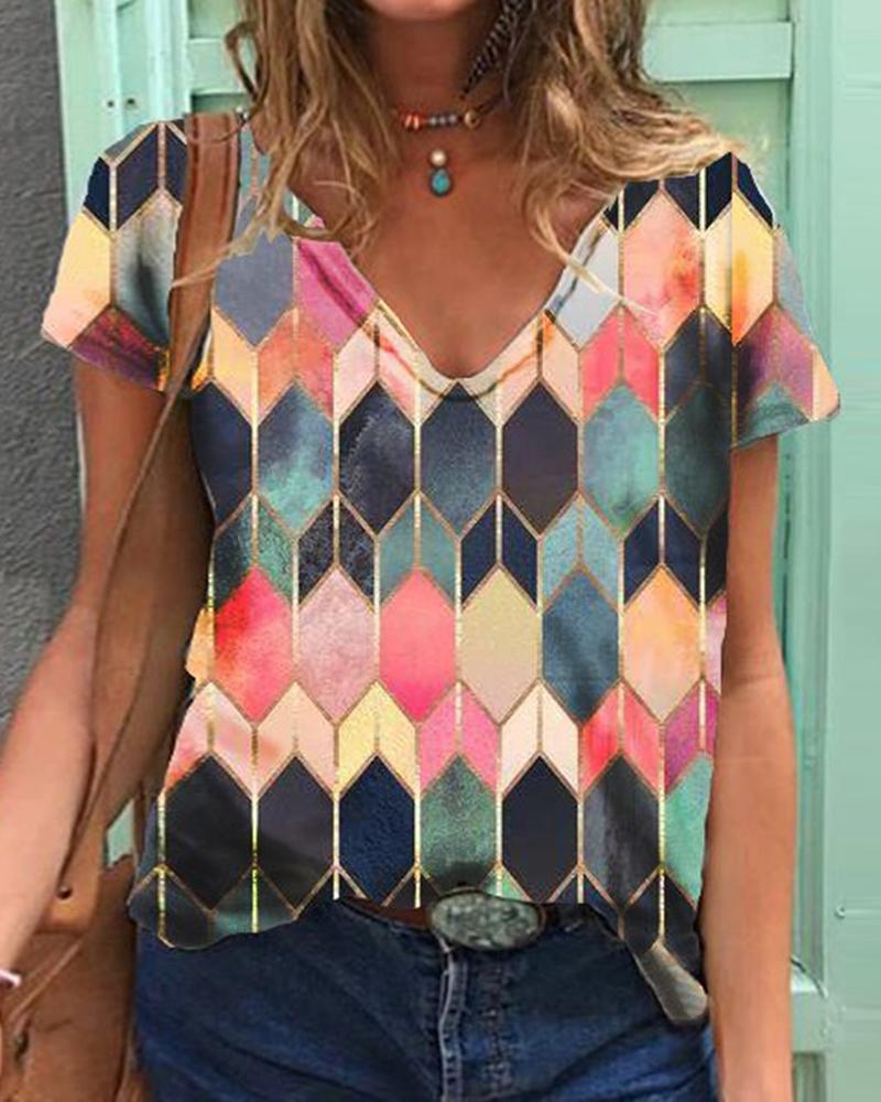 

Geo Pattern Print Colorblock Short Sleeve T-shirt, Multicolor