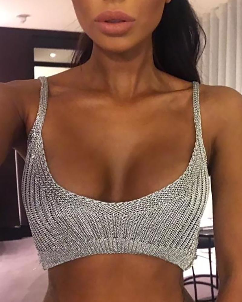 

Knit U Neck Spaghetti Strap Basic Crop Top, Silver