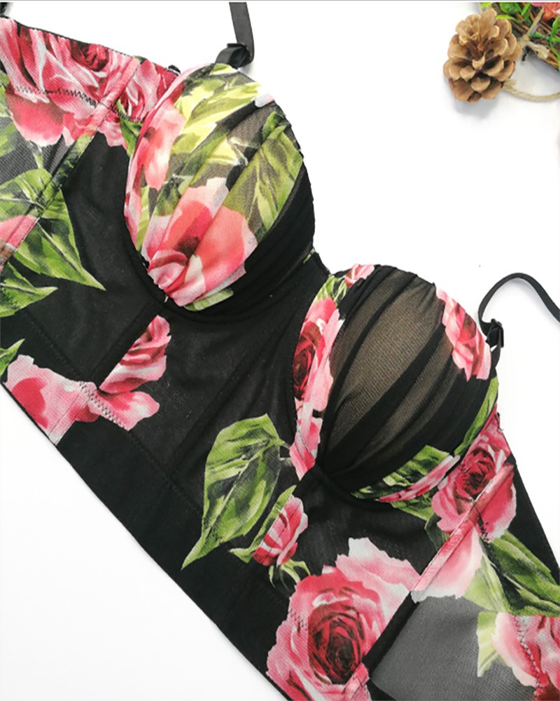 

Floral Print Sheer Mesh Corset Crop Top, Black