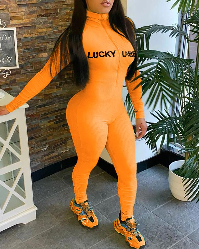 

Zipper Design Letter Print Long Sleeve Fitted Jumpsuit, Orange