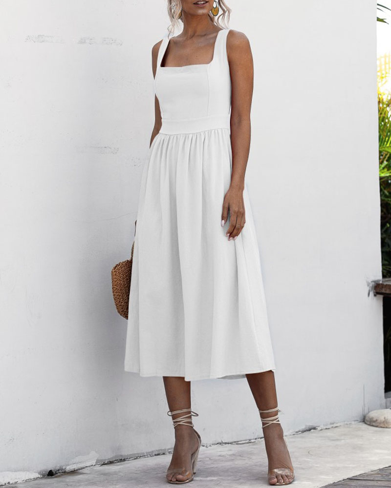 

Sleeveless Square Neck Casual Beach Sundress, White