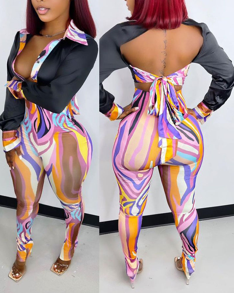 

Abstract Print Backless Crop Top & High Waist Pants Set, Multicolor