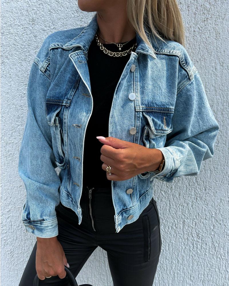 

Long Sleeve Flap Detail Button Up Denim Coat, Blue