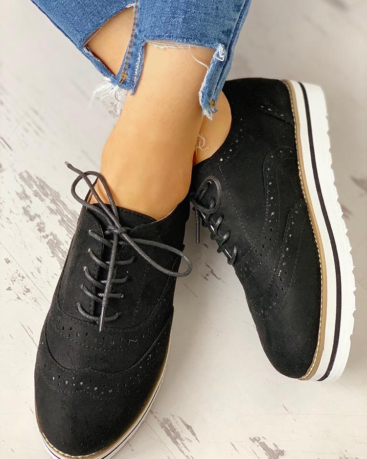 

Hollow Out Pattern Lace-up Platform Shoes, Black