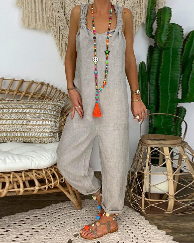 

Plain Backless Casual Suspender Jumpsuit, Gray