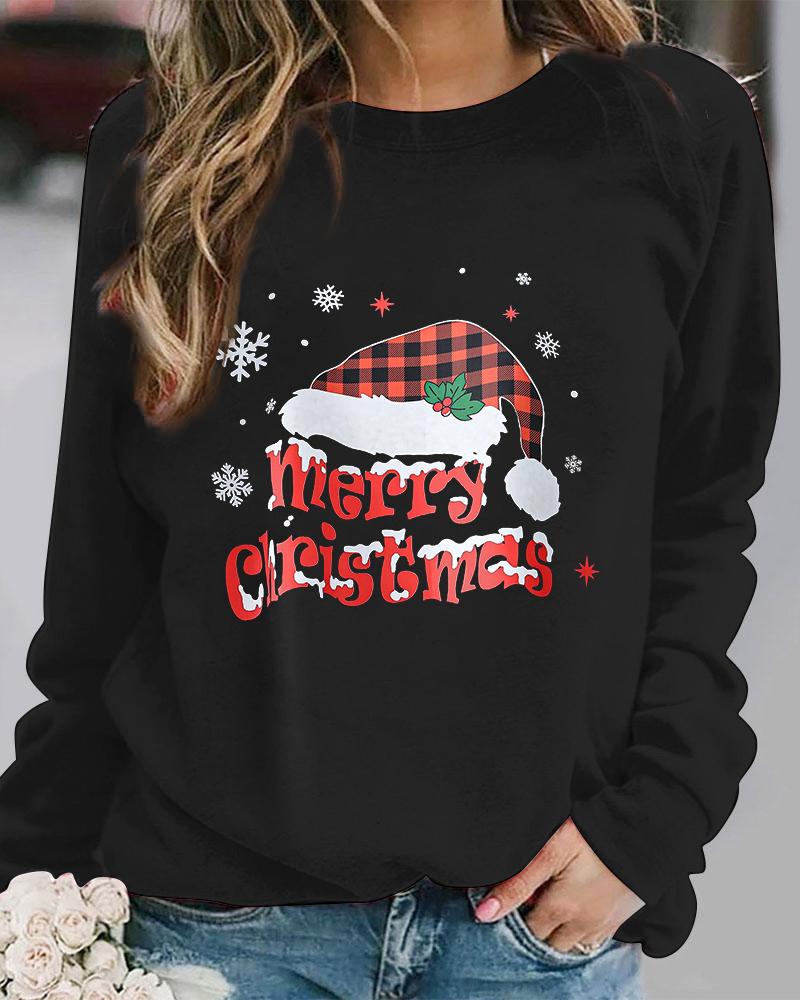 

Christmas Snowflake Santa Hat Print Long Sleeve Top, Black