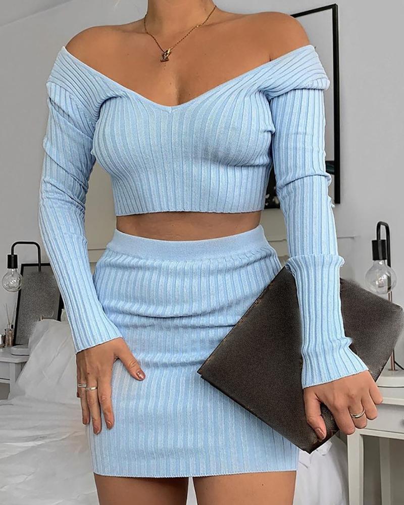 

Long Sleeve Knit Skinny Crop Top & Skirt Set, Blue