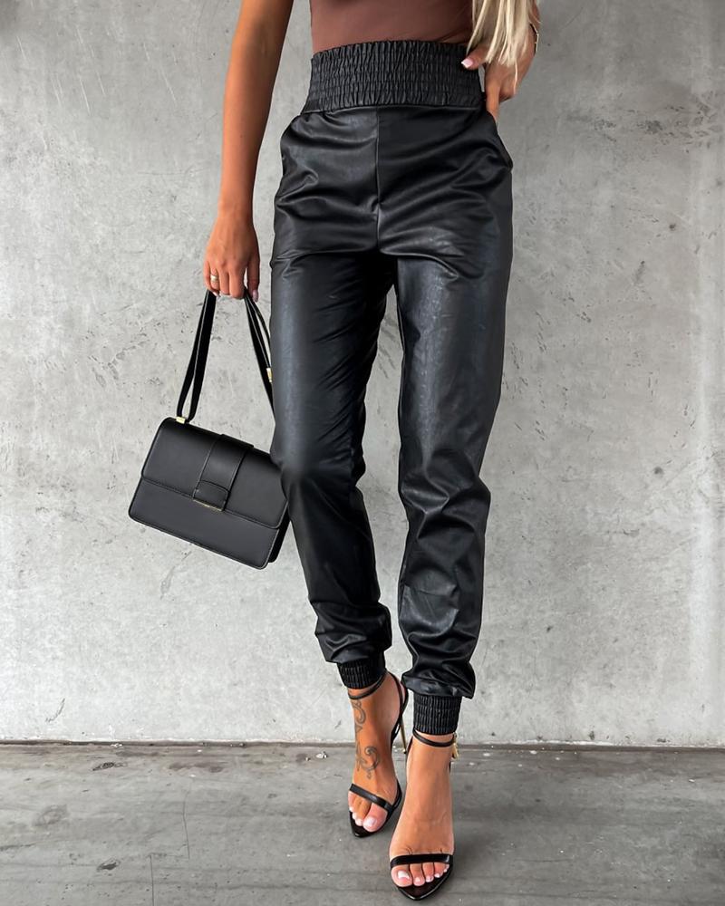 

Shirred High Waist PU Leather Cuffed Pants, Black