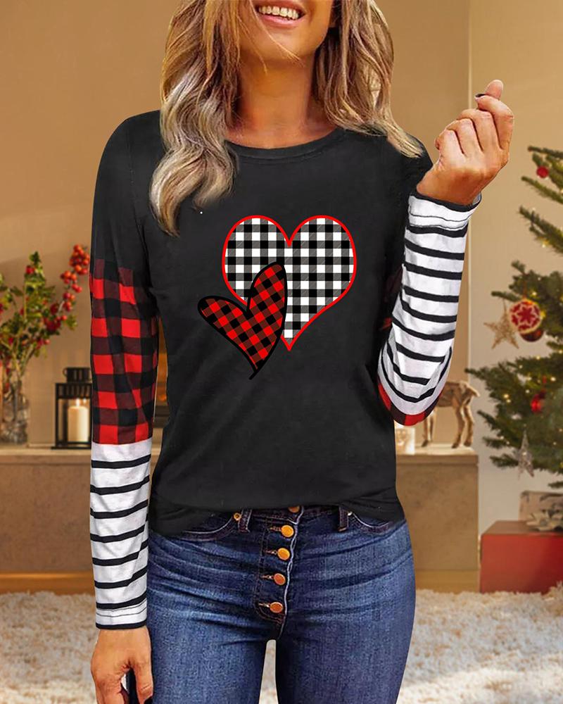 

Valentine' Day Heart Plaid Striped Print Long Sleeve Top, Black