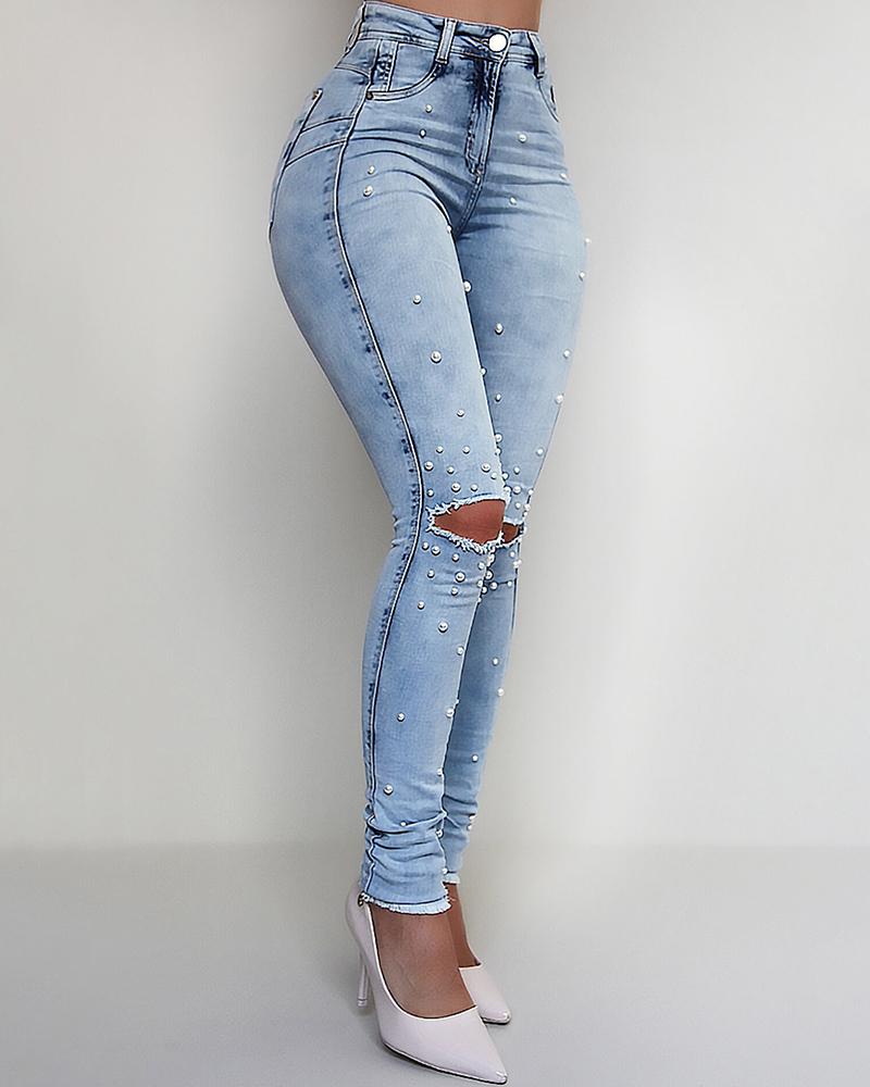 

Beaded Decor Cutout High Waist Jeans, Lighted blue