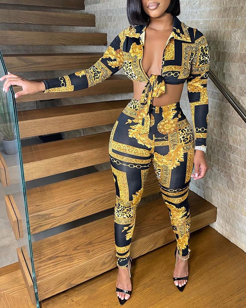 

Scarf Cheetah Print Crop Top & High Waist Pants Set, Yellow