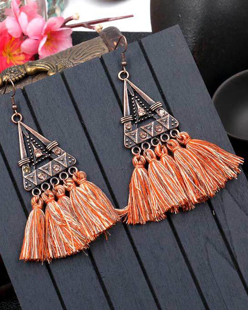 

1Pair Bohemian Ethnic Style Tribal Triangle Tassel Design Hook Earrings, Orange