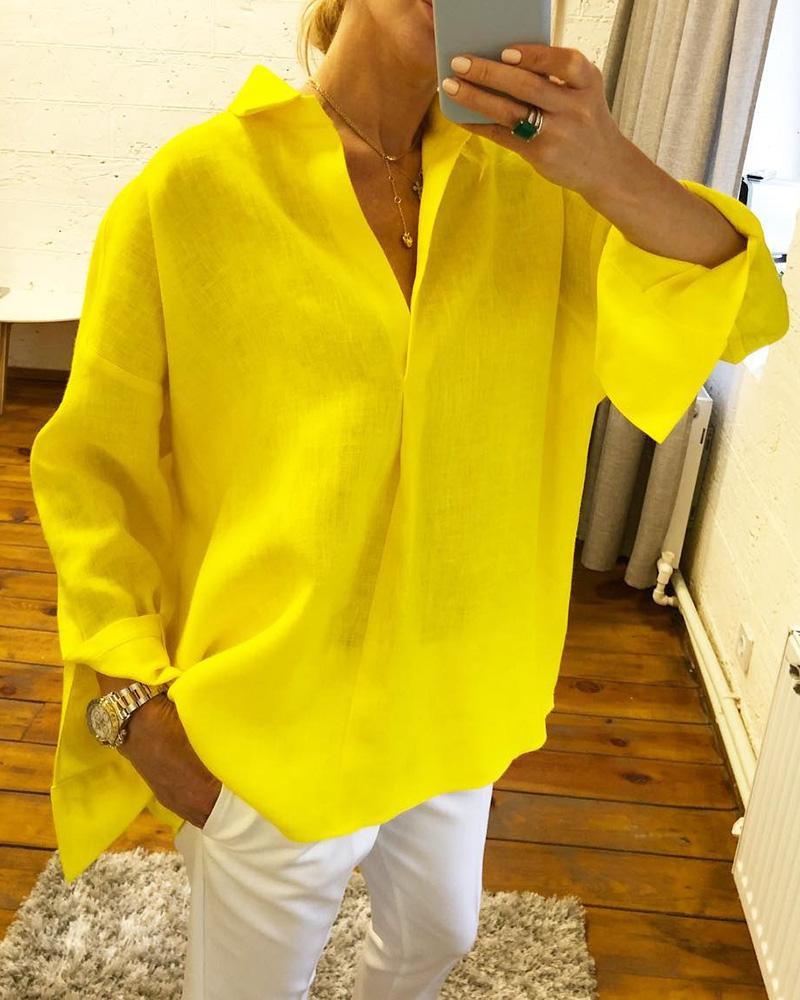 

Solid Long Sleeve Casual Loose Women Blouse, Yellow