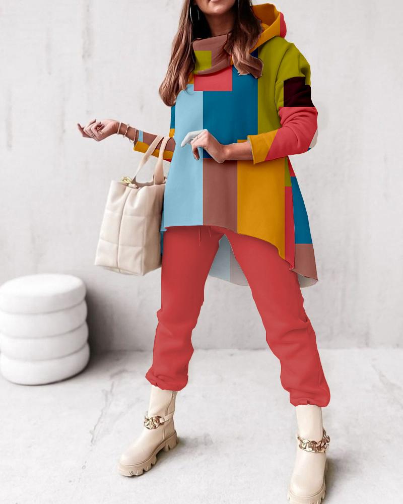 

Geometric Print Long Sleeve Dip Hem Hoodie & Pants Set, Multicolor