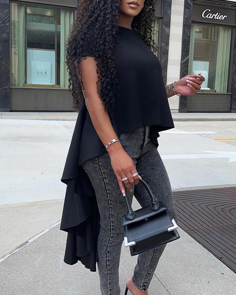 

Round Neck Ruffle Hem Asymmetrical Top, Black