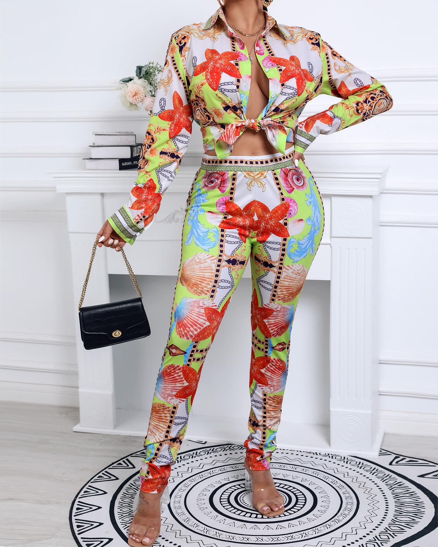 

Long Sleeve Graphic Print Shirt & Skinny Pants Set, Style1