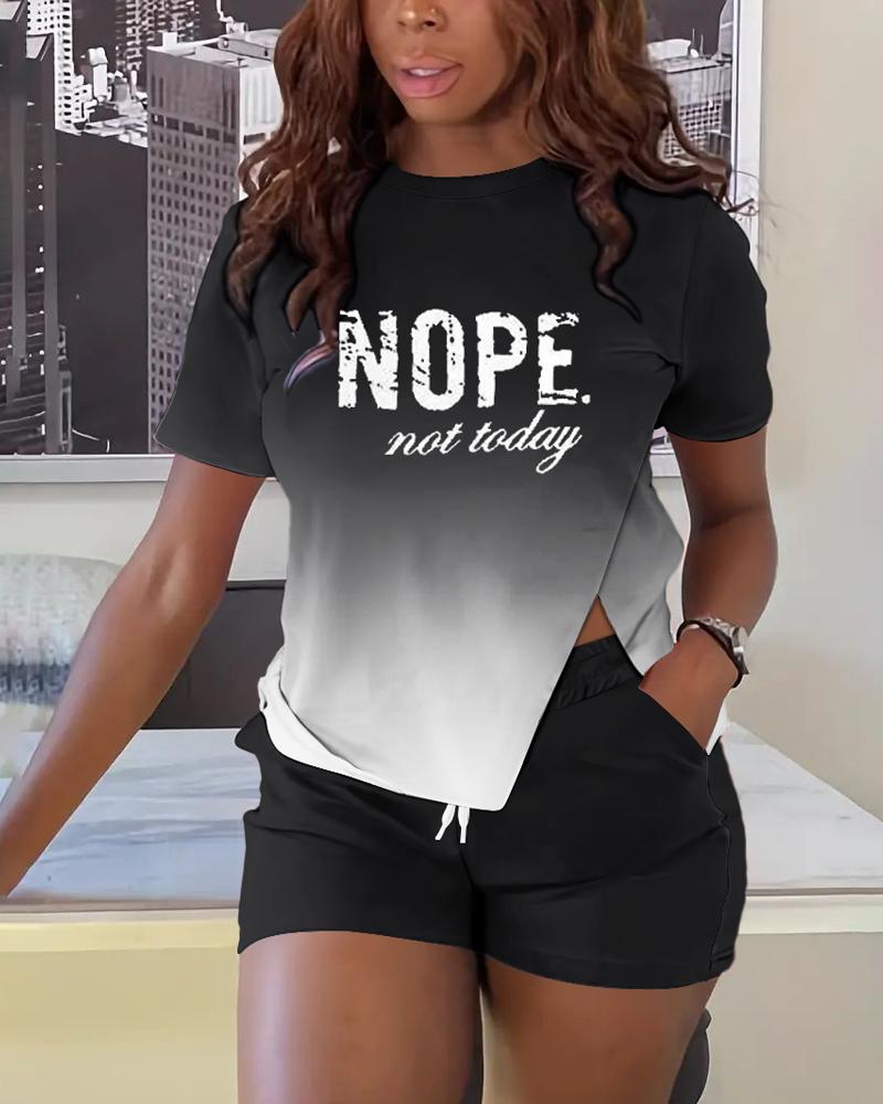 

Ombre Nope Not Today Print Slit Top & Drawstring Shorts Set, Black