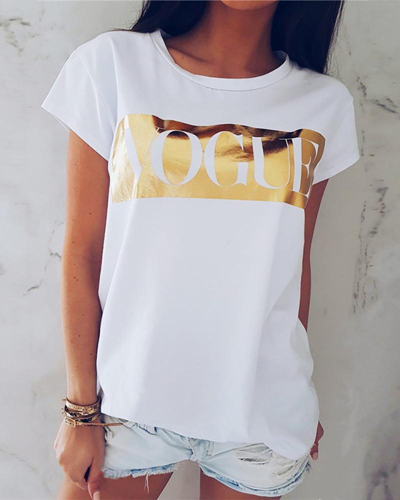 

Letter Pattern Short Sleeve O-neck Tee, Gold