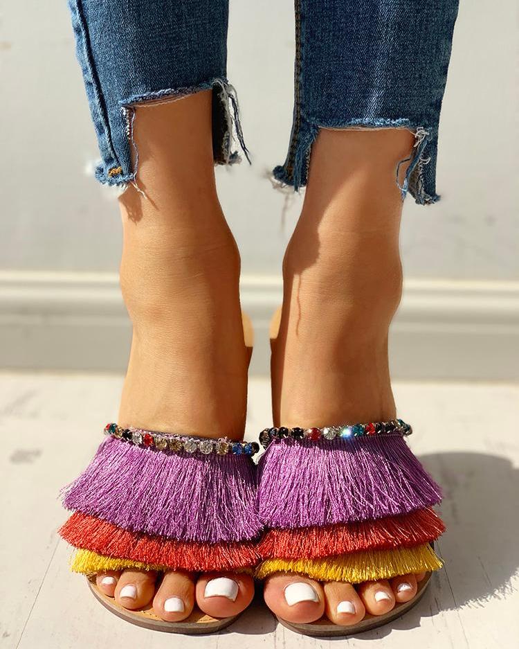 

Colorful Tassel Design Flat Sandals, Purple