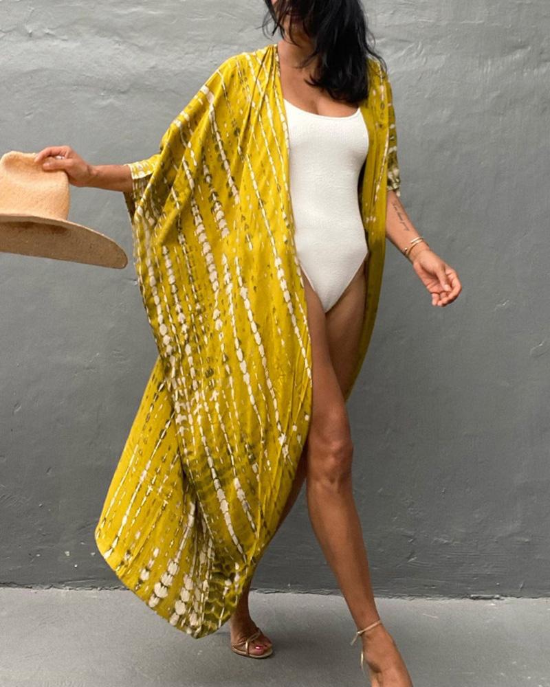 

Tie Dye Print Batwing Sleeve Cover Up, Yellow