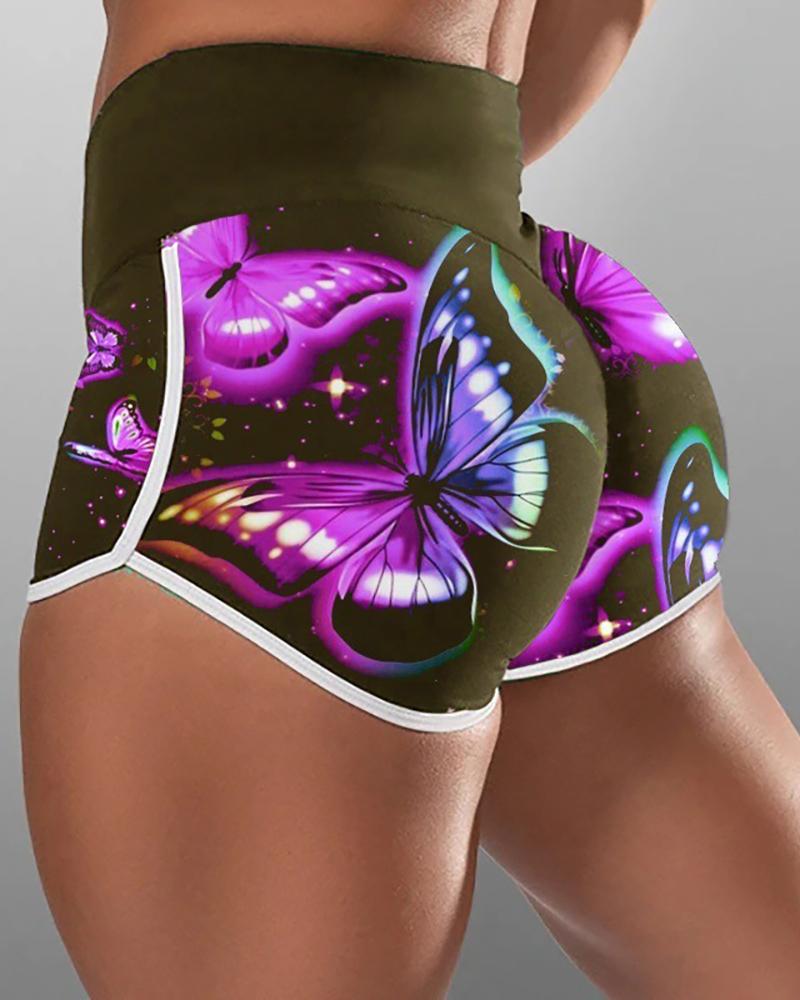 

Butterfly Print High Waist Active Shorts, Green