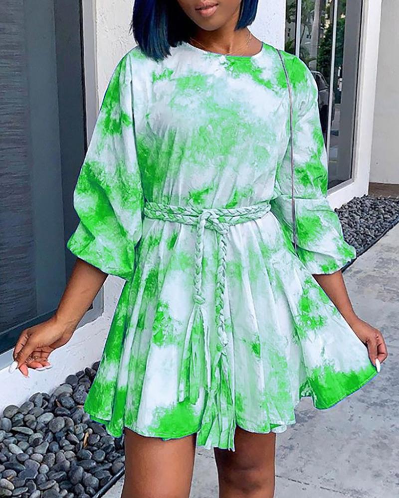 

Tie Dye Long Sleeve Knotted Pleated Dress, Green