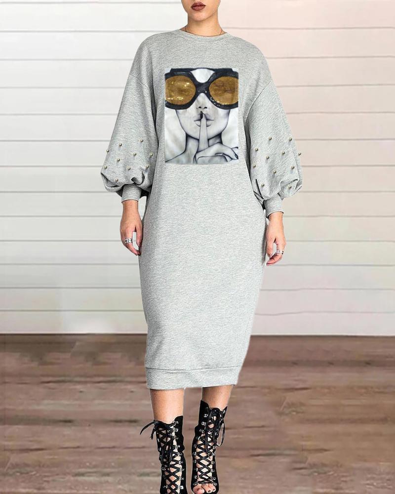 

Graphic Print Lantern Sleeve Beaded Sequins Casual Dress, Gray