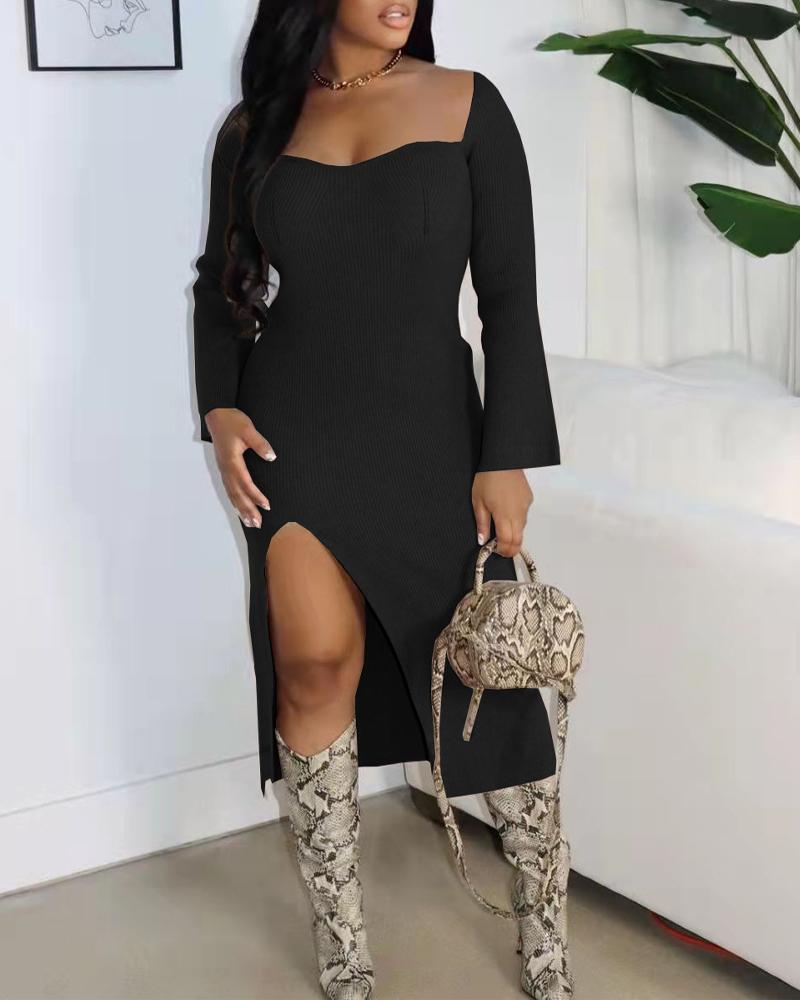 

Ribbed Long Sleeve High Slit Midi Dress, Black