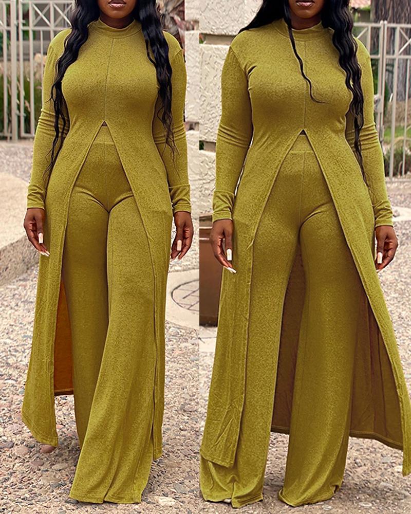 

Mock Neck Long Sleeve Slit Longline Top & Pants Set, Yellow