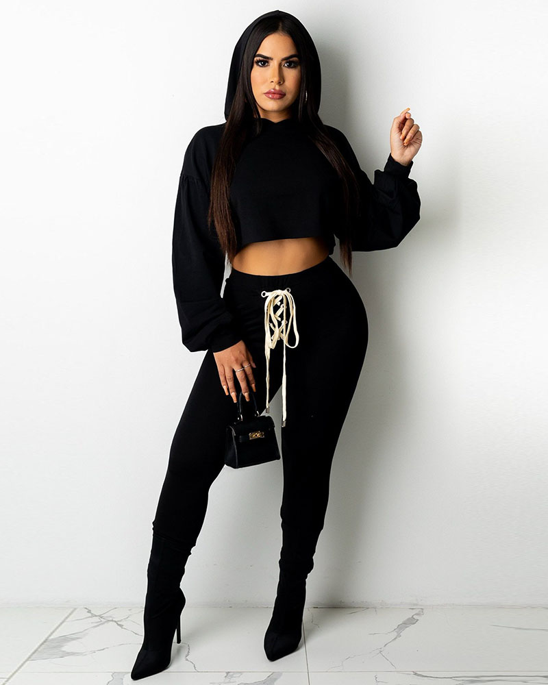 

Hooded Eyelet Lace Up Top & Drawstring Pants Set, Black