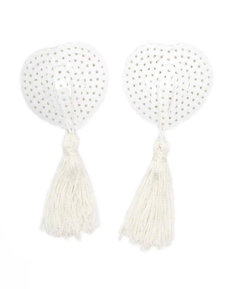 

1Pair Heart Shaped Silicone Invisible Bra Sequin Tassel Pasties Reusable Self Adhesive Nipple Covers, White