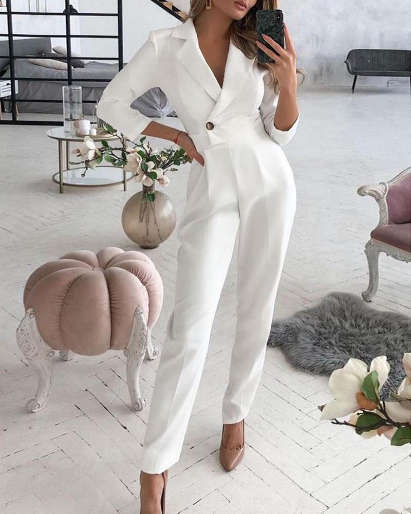 

Button Design Long Sleeve V Neck Jumpsuit, White