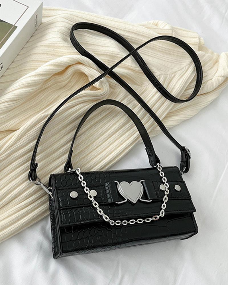 

Chain Decor Heart Belted Rectangular Satchel Bag, Black