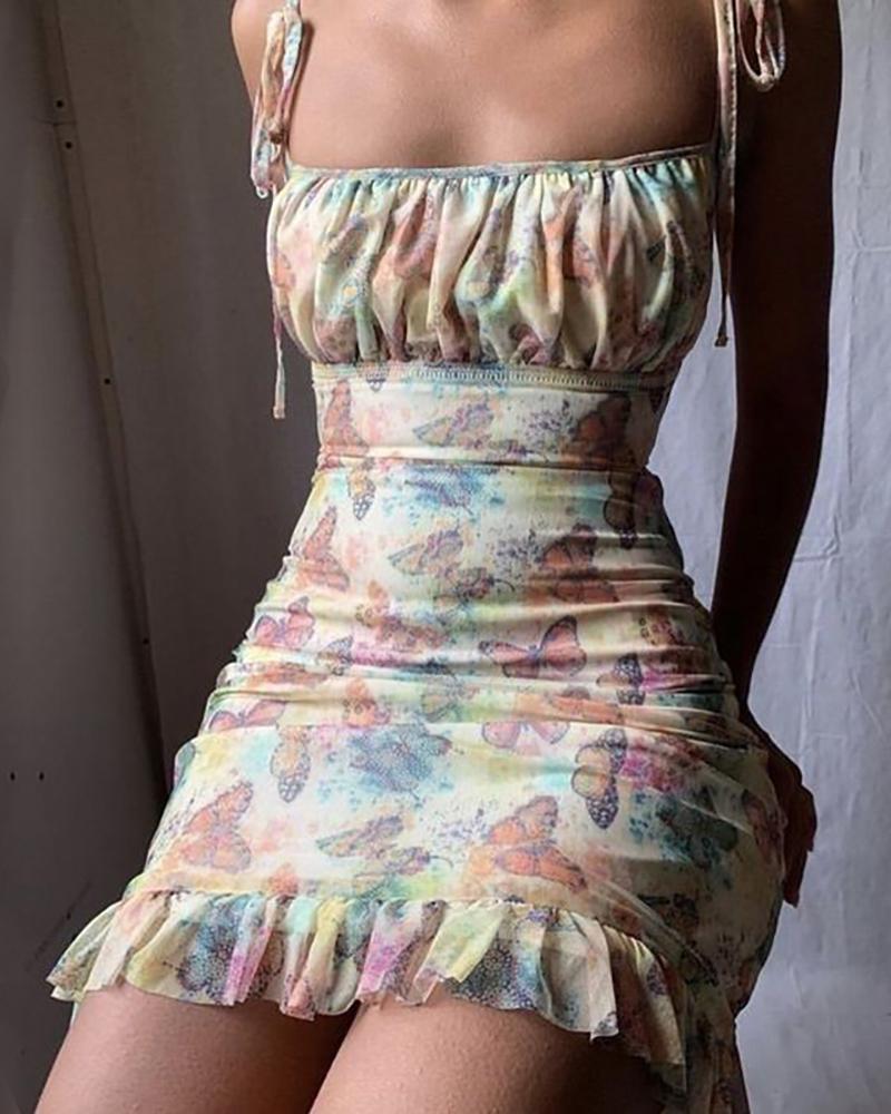 

Spaghetti Strap Butterfly Print Dress, Multicolor