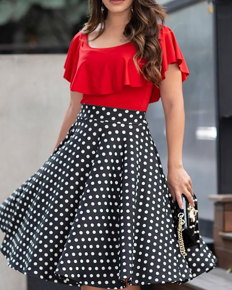 

Ruffles Dot Splicing Pleated Casual Dress, Multicolor